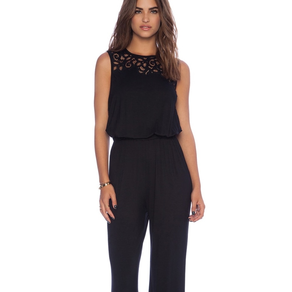 $298 Trina Turk Kimberlina Jumpsuit Black Lace Inset Sleeveless Wide Leg Pants